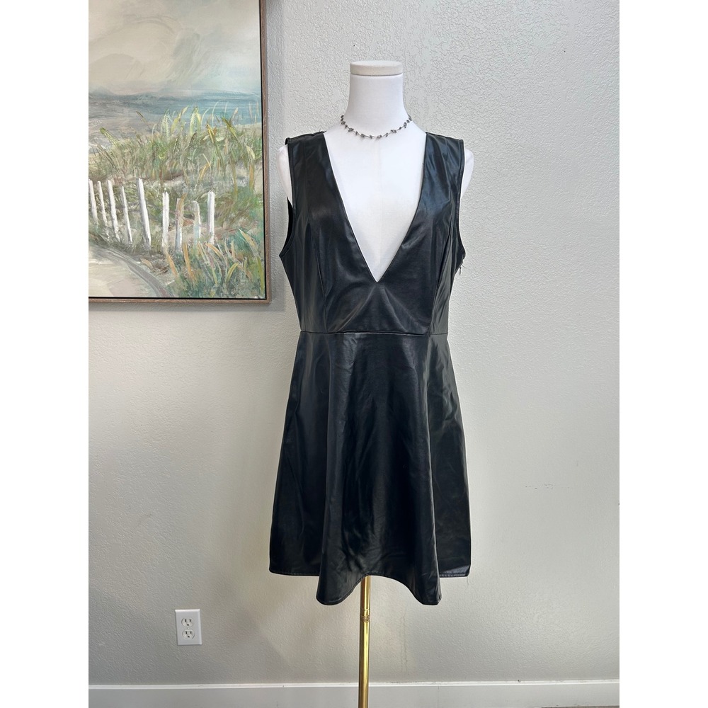 Black Faux Leather Deep V Neck Skater Mini Dress Womens - L